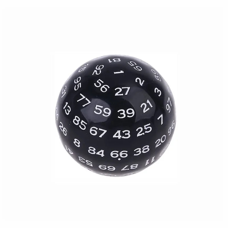 A black 100-sided acrylic polyhedral die showing various numbered faces.
