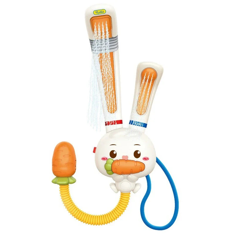 A bath toy shaped like a rabbit with carrot features an adjustable water sprinkler.