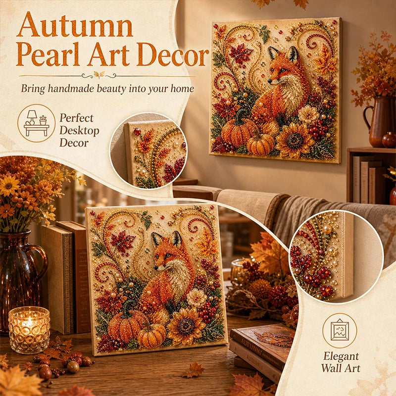 A collection of autumn-themed pearl art paintings and decorative pieces displayed on a wooden surface.