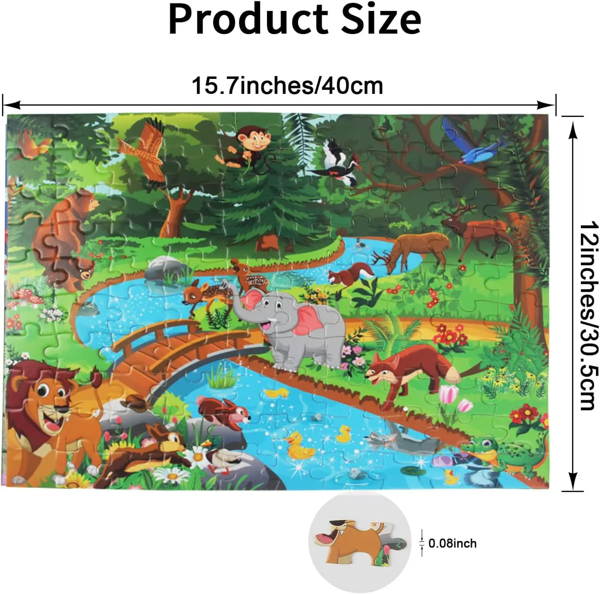 A 100-piece jigsaw puzzle depicting an outdoor scene with various animals and dinosaurs in a lush forest setting.