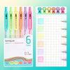 A set of six colorful retractable gel pens with 0.7mm tips displayed alongside a grid for color organization.