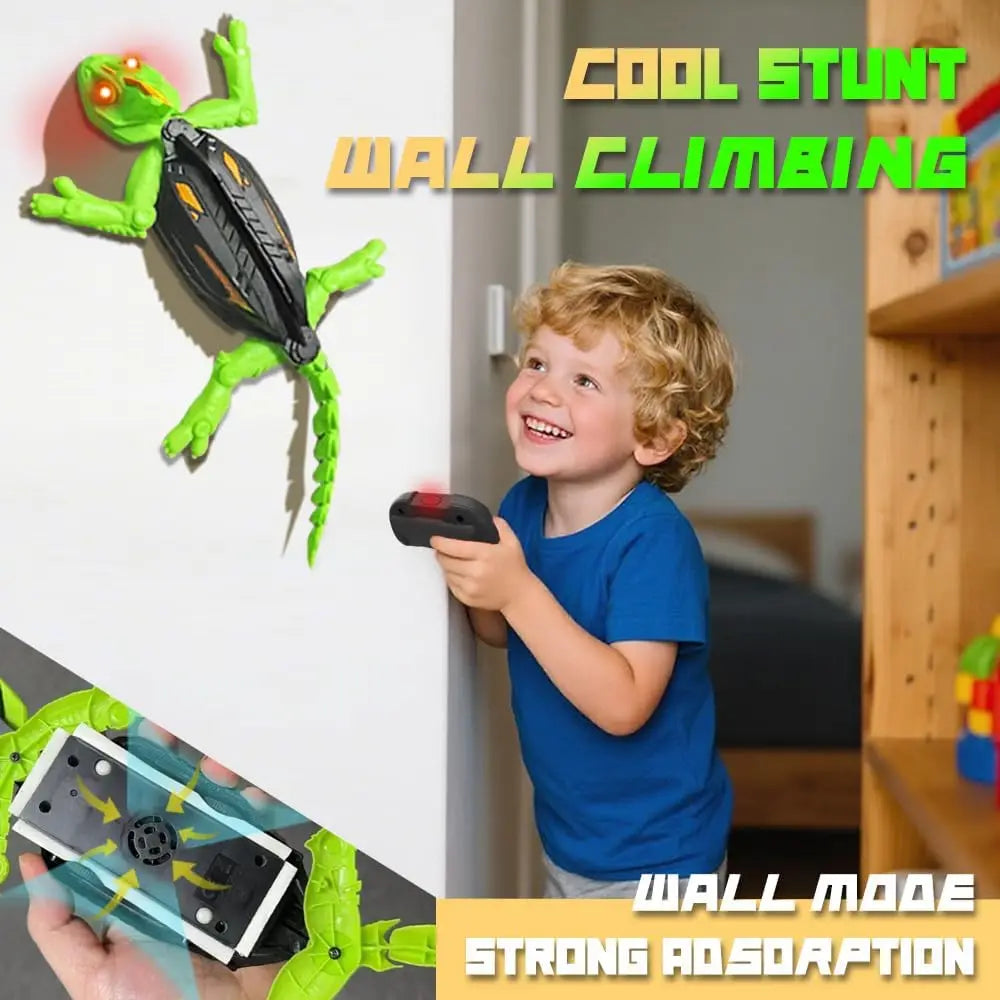 A young boy is climbing a wall using a remote control lizard robot toy, demonstrating strong adhesion.