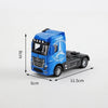 A blue 1:50 scale diecast container truck with pull-back action, featuring Mercedes-Benz styling.
