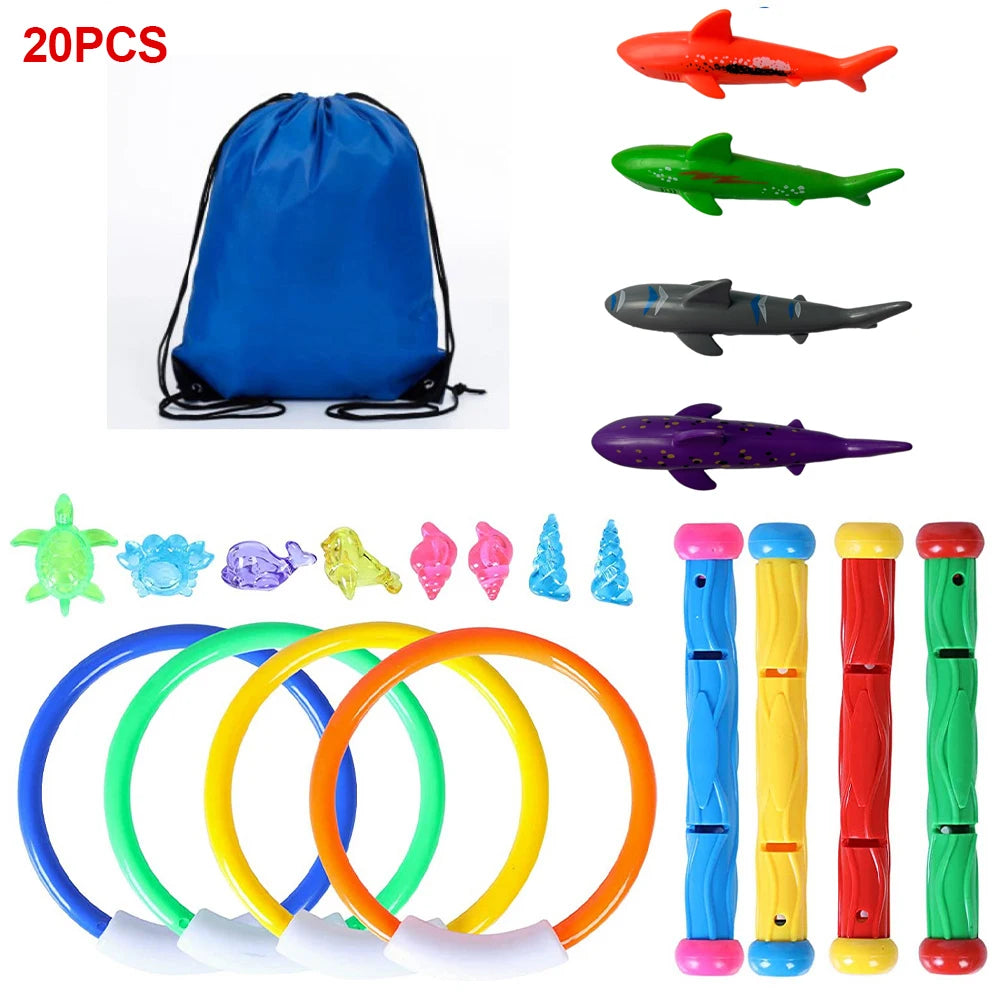 A set of 20 colorful diving toys including a blue bag and various plastic diving shapes for pool games