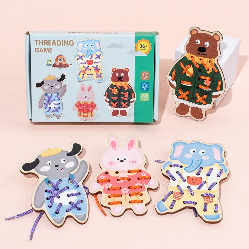 A box of wooden threading beads lacing toy for toddlers with several animal figures and finished wooden toys.