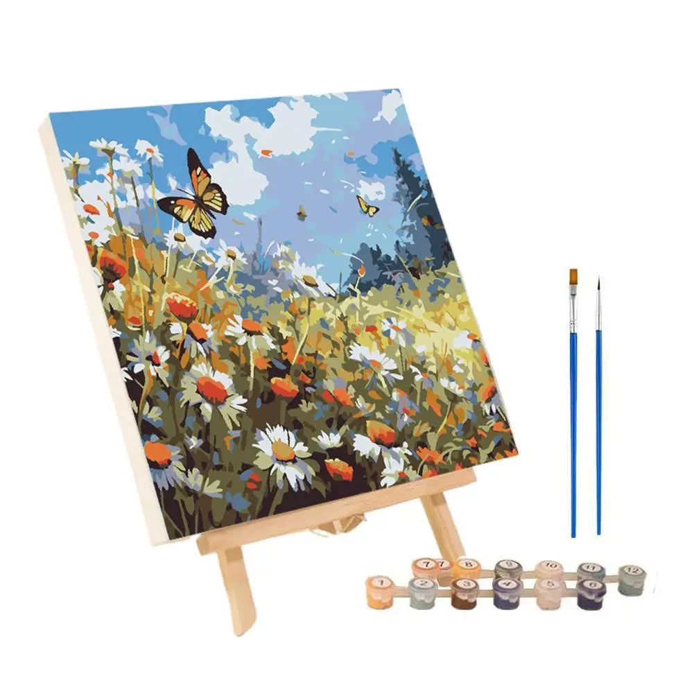 A painting by numbers kit depicting an abstract sunset landscape with wildflowers and trees.