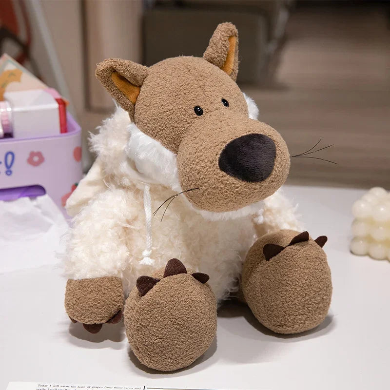 A soft brown and white plush toy resembling a wolf in sheep's clothing.