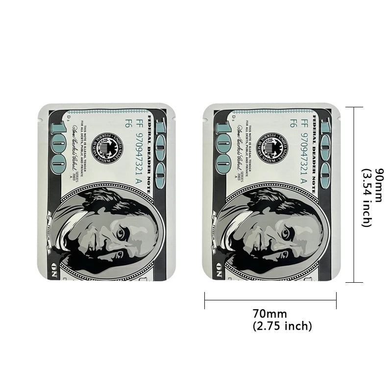 A single 100 dollar bill is shown in a clear mylar bag with a dollar sign pattern.