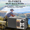 A man is using an IS-F10BTS multi-band radio outdoors in a scenic, hilly landscape.
