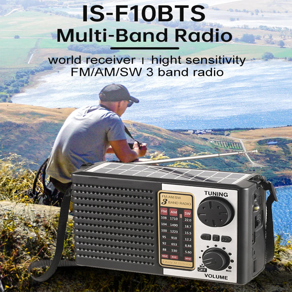 A man is using an IS-F10BTS multi-band radio outdoors in a scenic, hilly landscape.