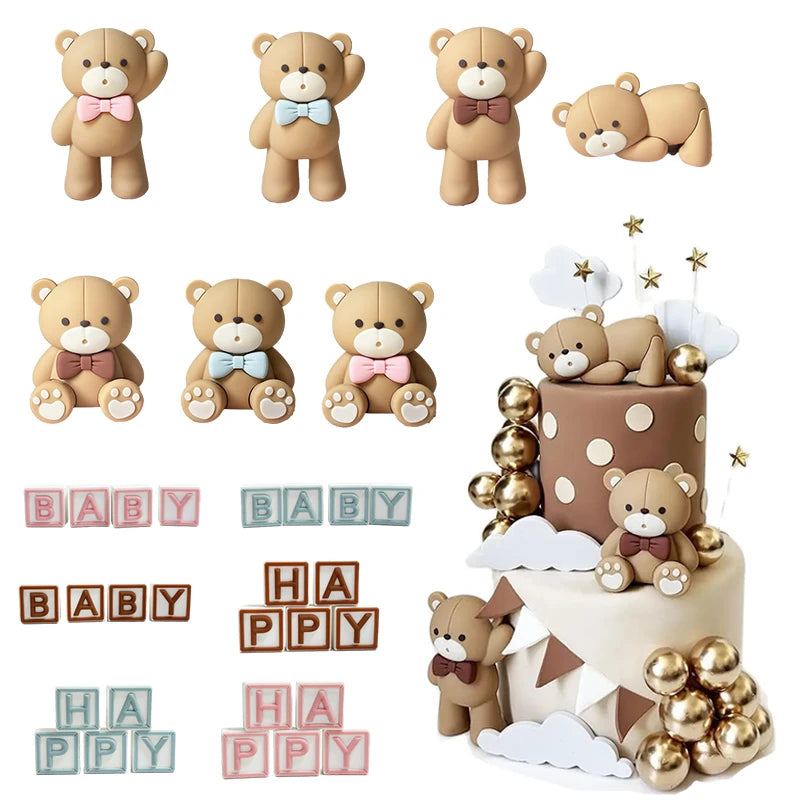 A collection of adorable bear cake toppers in various colors and sizes for birthday and baby shower celebrations.