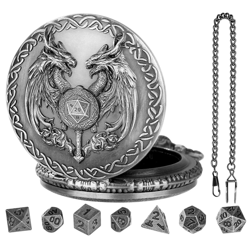 A silver Steampunk dragon pocket watch dice case with a central design and seven small dice.
