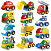 A set of colorful construction vehicle building blocks including dump trucks, excavators, and other machinery.