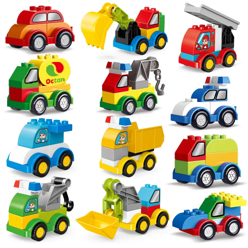 A set of colorful construction vehicle building blocks including dump trucks, excavators, and other machinery.