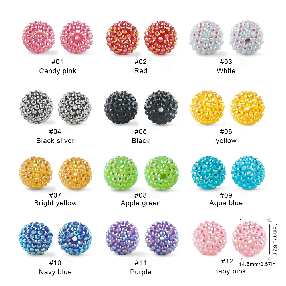 A collection of 12 spherical rhinestone resin beads in various colors including pink, red, white, black, silver, yellow, and 