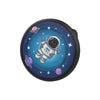 A silicone airtag safety pin holder with a dark background featuring a space scene including planets and a spacecraft.