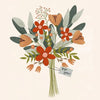 A watercolor illustration of orange and rust-colored flowers and green foliage on a light background.