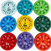 A collection of ten colorful math fidget spinners showing multiplication facts for practice.
