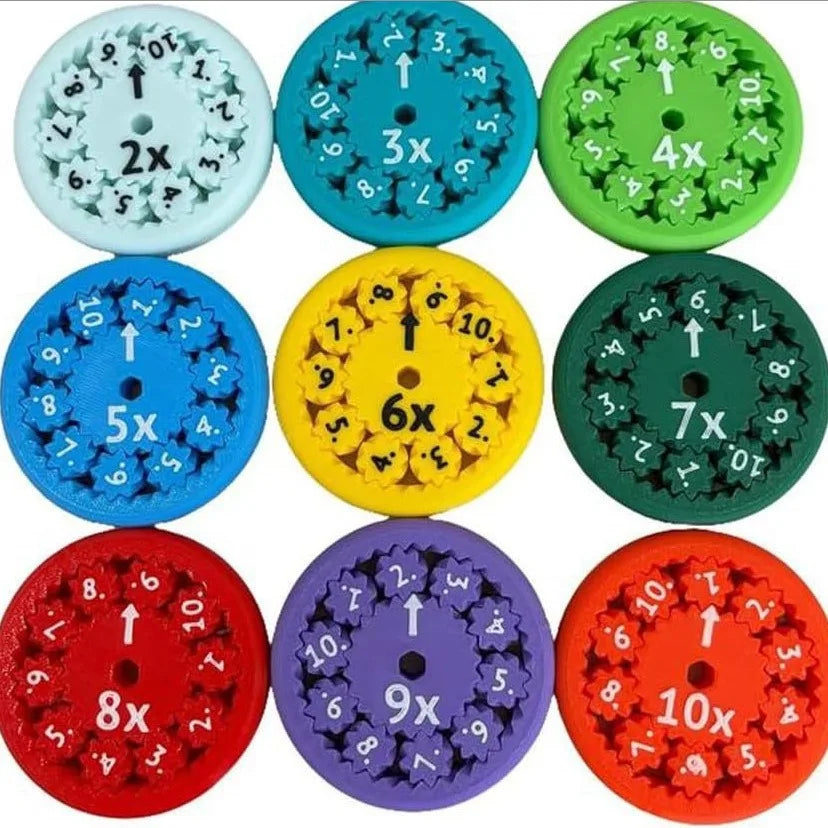 A collection of ten colorful math fidget spinners showing multiplication facts for practice.