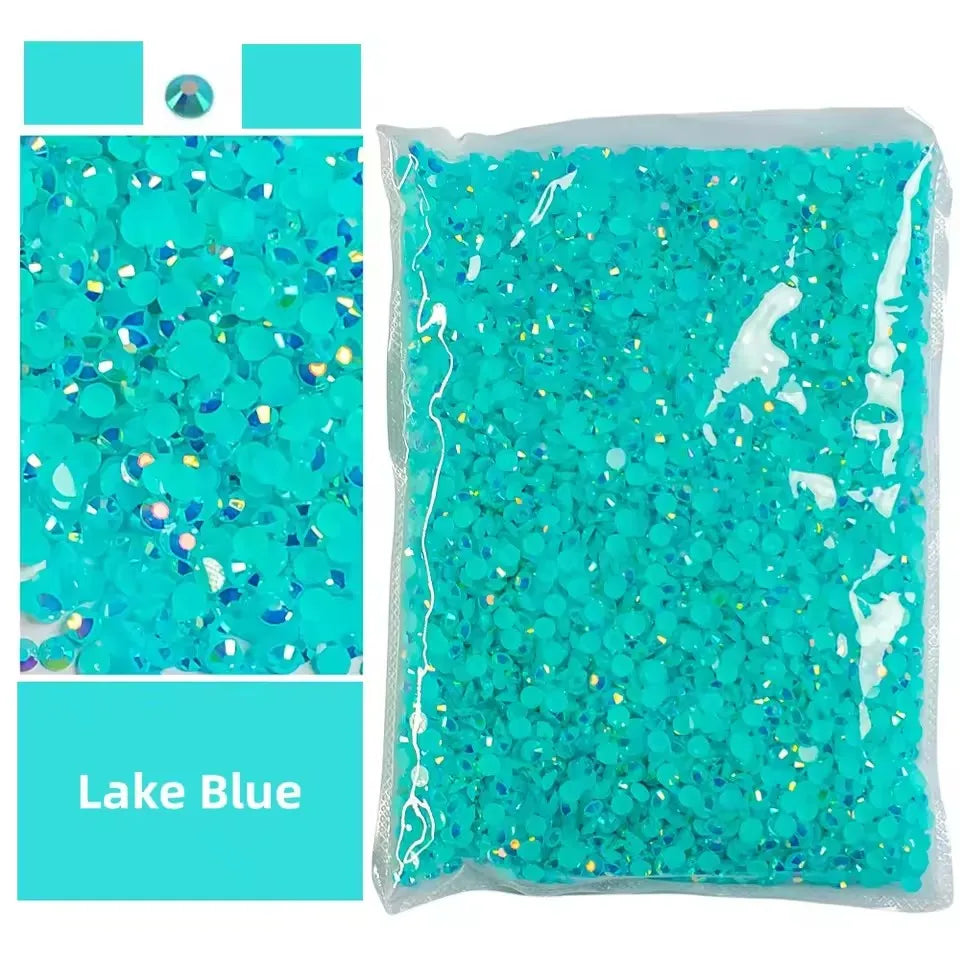 Bag of Lake Blue AB-coated flat back resin rhinestones for crafts and DIY projects