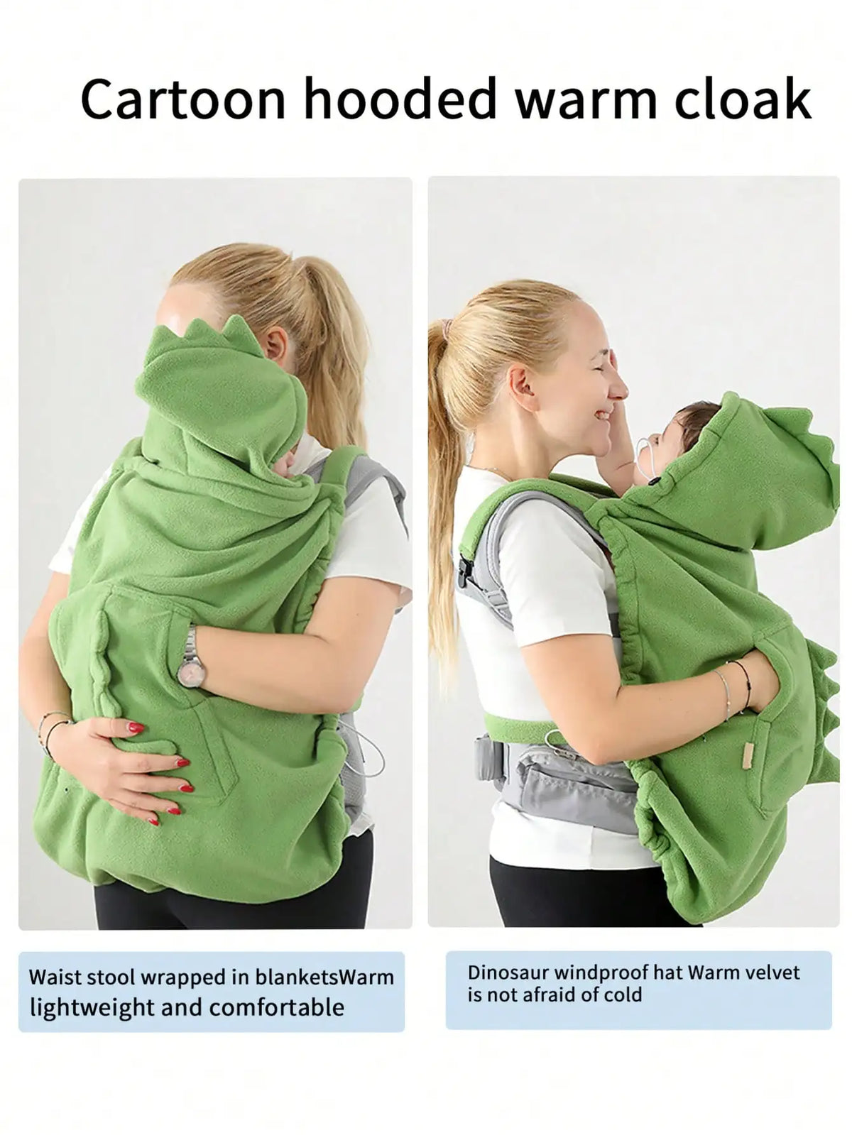 A woman is wearing a green cartoon hooded warm cloak designed like a dinosaur for warmth and comfort.