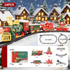 A set of musical Christmas train toys featuring Santa and a snowman on a black track in a snowy outdoor setting.