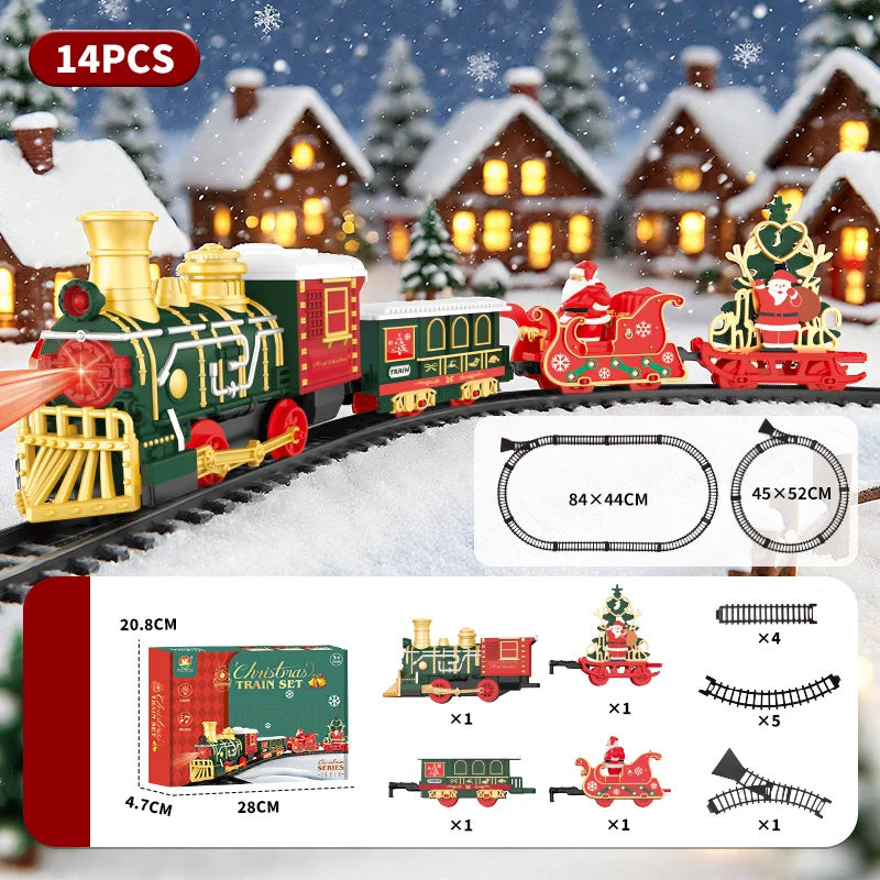 A set of musical Christmas train toys featuring Santa and a snowman on a black track in a snowy outdoor setting.