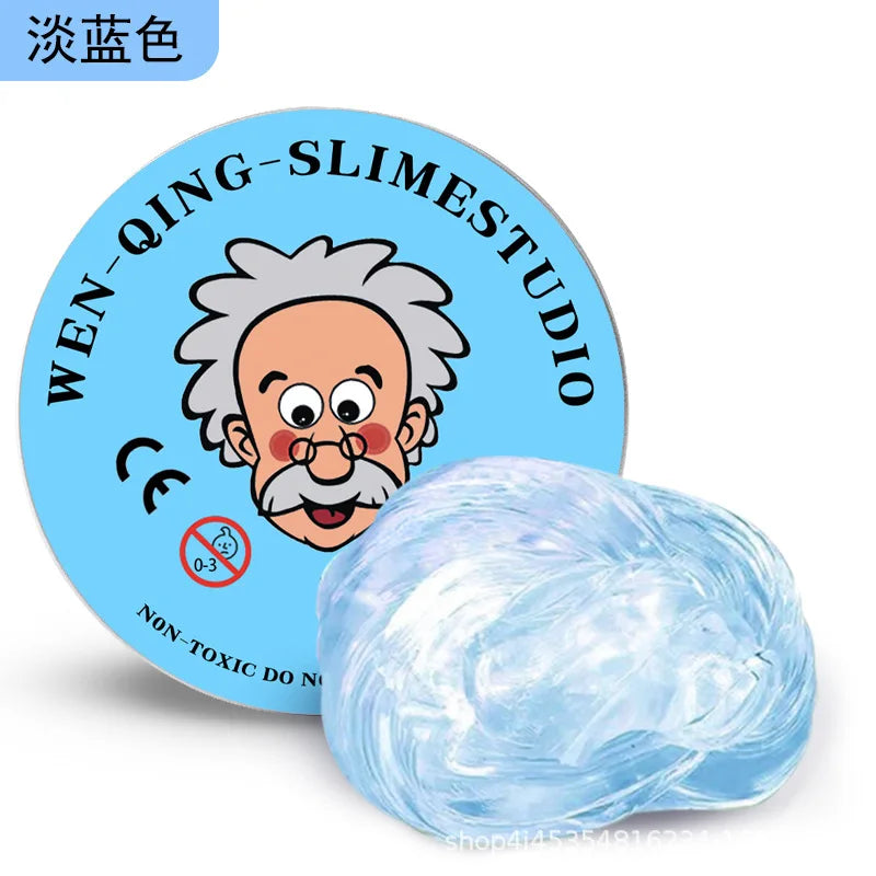 A translucent blue sensory putty is shown next to a label for Wen-Qing Slime Studio.