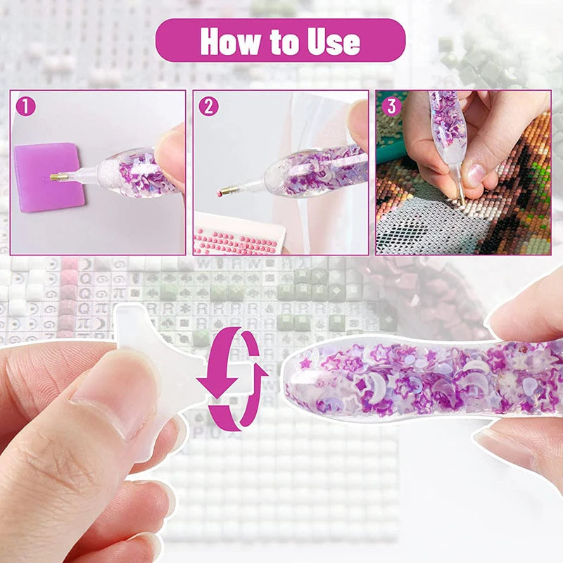 Instructions show how to use a glow-in-the-dark diamond painting pen with interchangeable tips for crafting.
