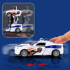 A white diecast robot car model transforming into a police vehicle, shown in a dynamic motion blur context.