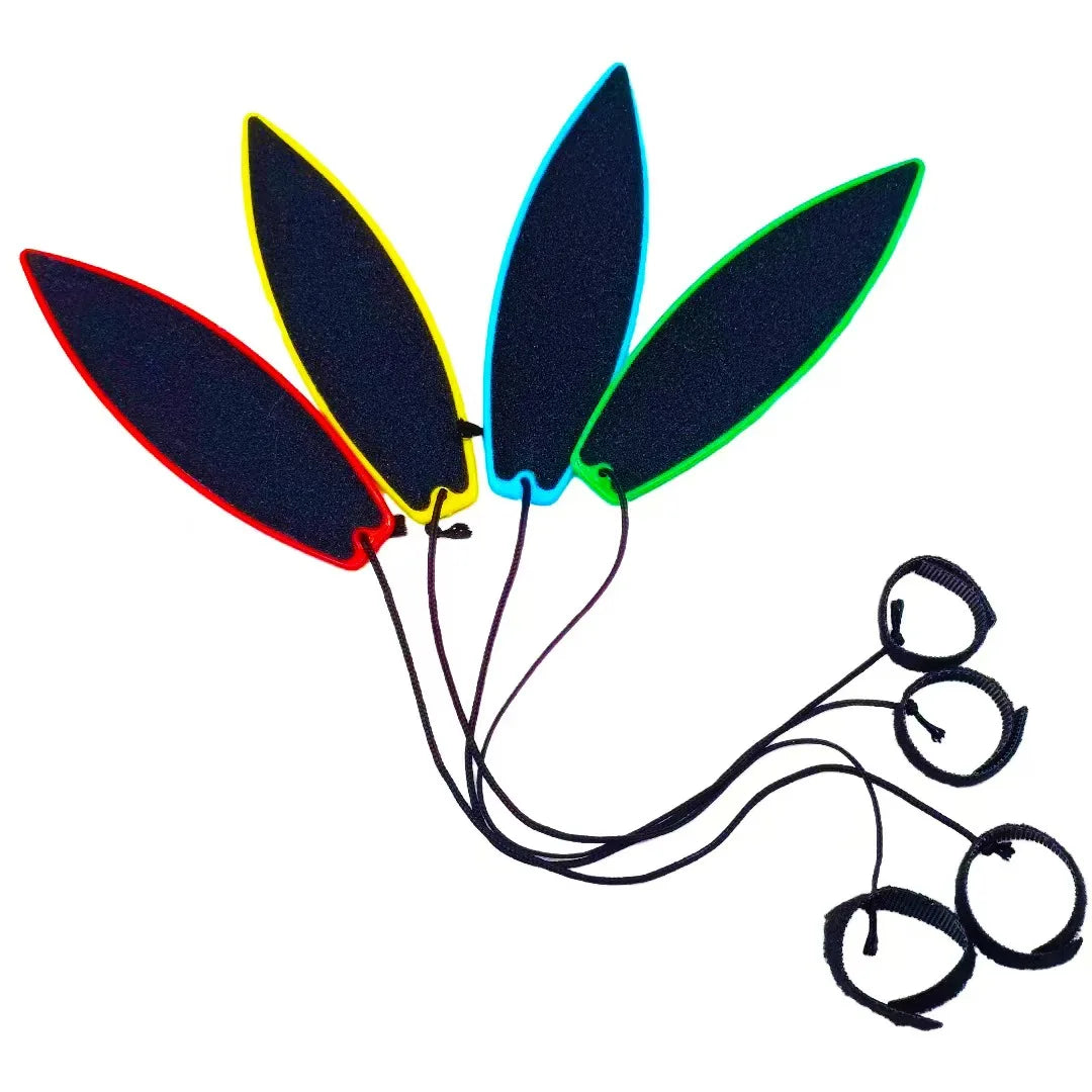 A set of five colored, leaf-shaped mini finger surfboard skater toys with black, blue, yellow, and green accents.
