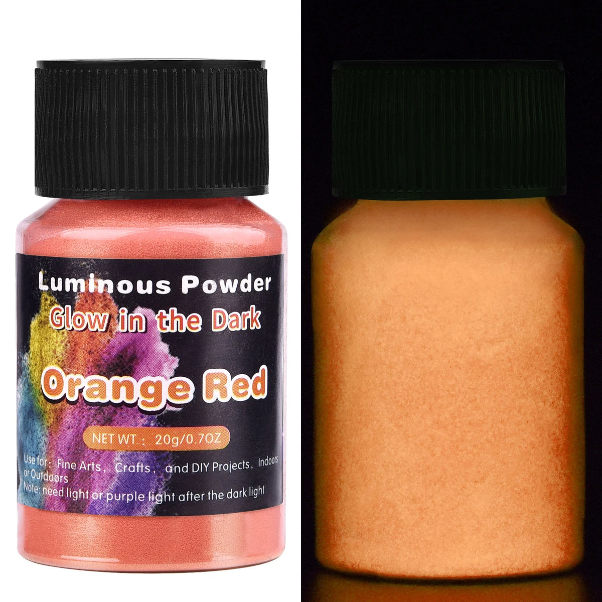 A glass jar of orange red glow-in-the-dark pigment powder for resin art with a black cap.