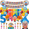 A collection of colorful balloons, banners, and decorations for a circus clown themed birthday party.