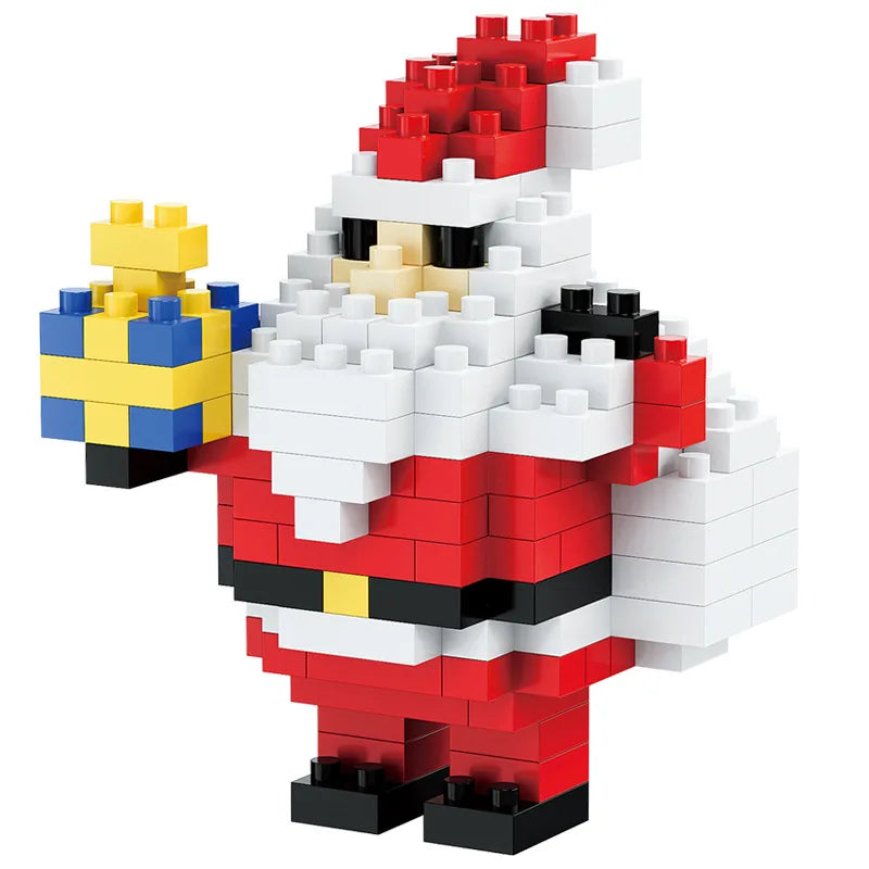 A miniature building block figure of Santa and a reindeer in red, white, and yellow colors.