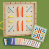 A wooden Montessori lacing board with colorful ropes and practice pieces, alongside a stack of similar boards.