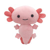 A soft pink axolotl plush toy with pink gills and a smiling face.