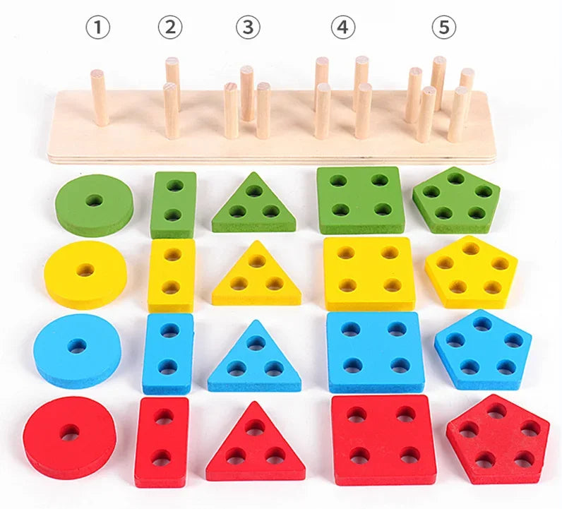A set of wooden geometric shape sorter puzzles featuring various colored and shaped blocks for toddlers.