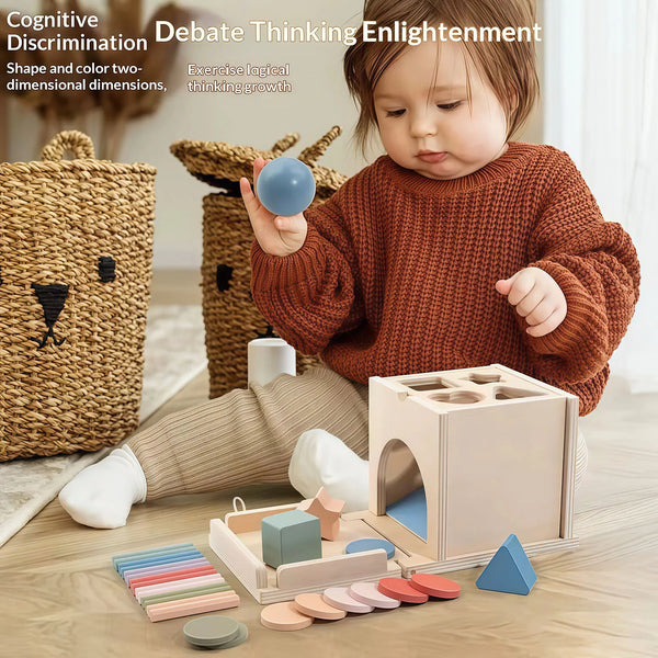 A baby is interacting with a wooden Montessori color sorting and shape sorter toy on a light wooden surface.