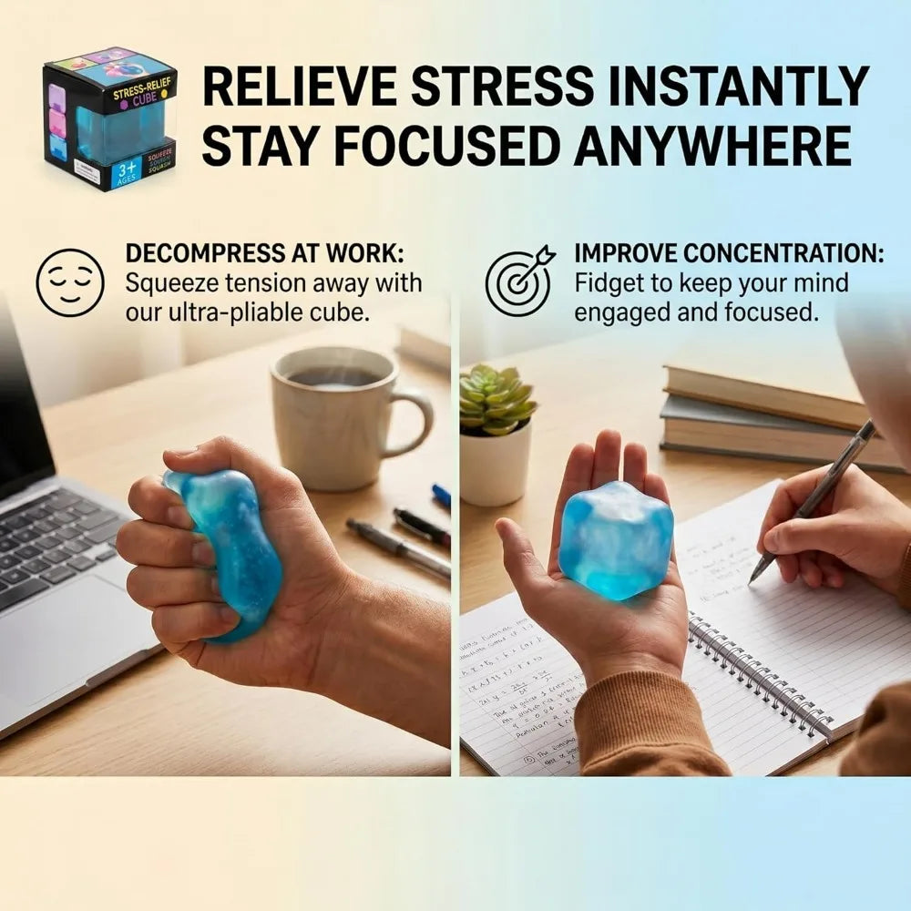Hands hold a blue slow-rebound ice cube squishy stress toy next to a notebook, illustrating stress relief and focus.