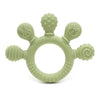 A light green silicone baby teether with multiple textured beads and bunny-shaped protrusions.