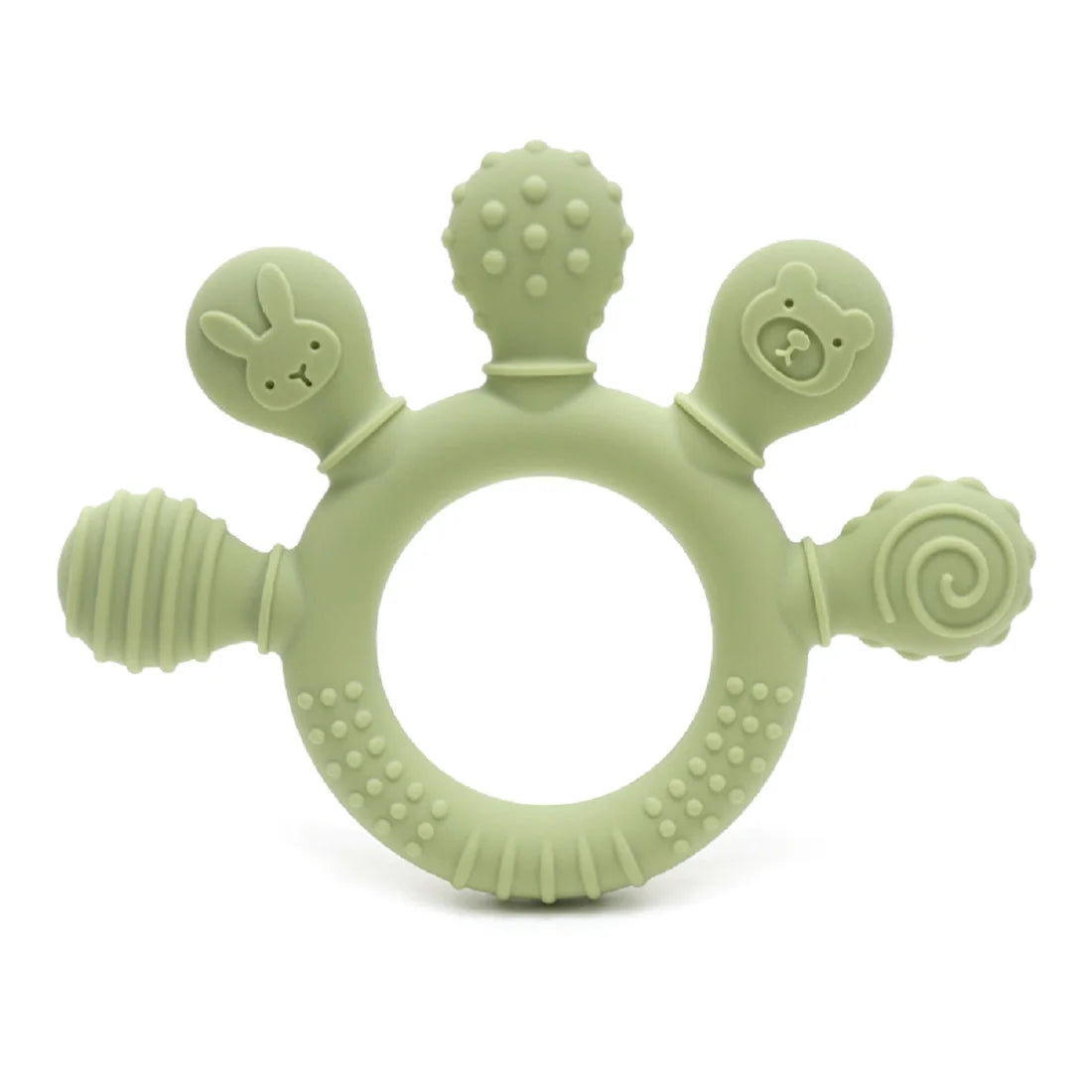 A light green silicone baby teether with multiple textured beads and bunny-shaped protrusions.