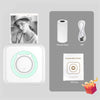 A white portable mini printer with a box showing thermal paper, USB cable, and gift box.