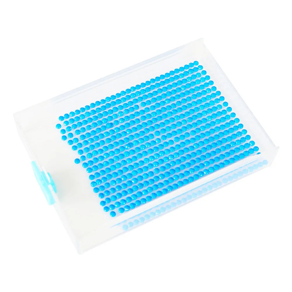 A clear plastic storage tray with a lid filled with small blue beads for diamond painting supplies