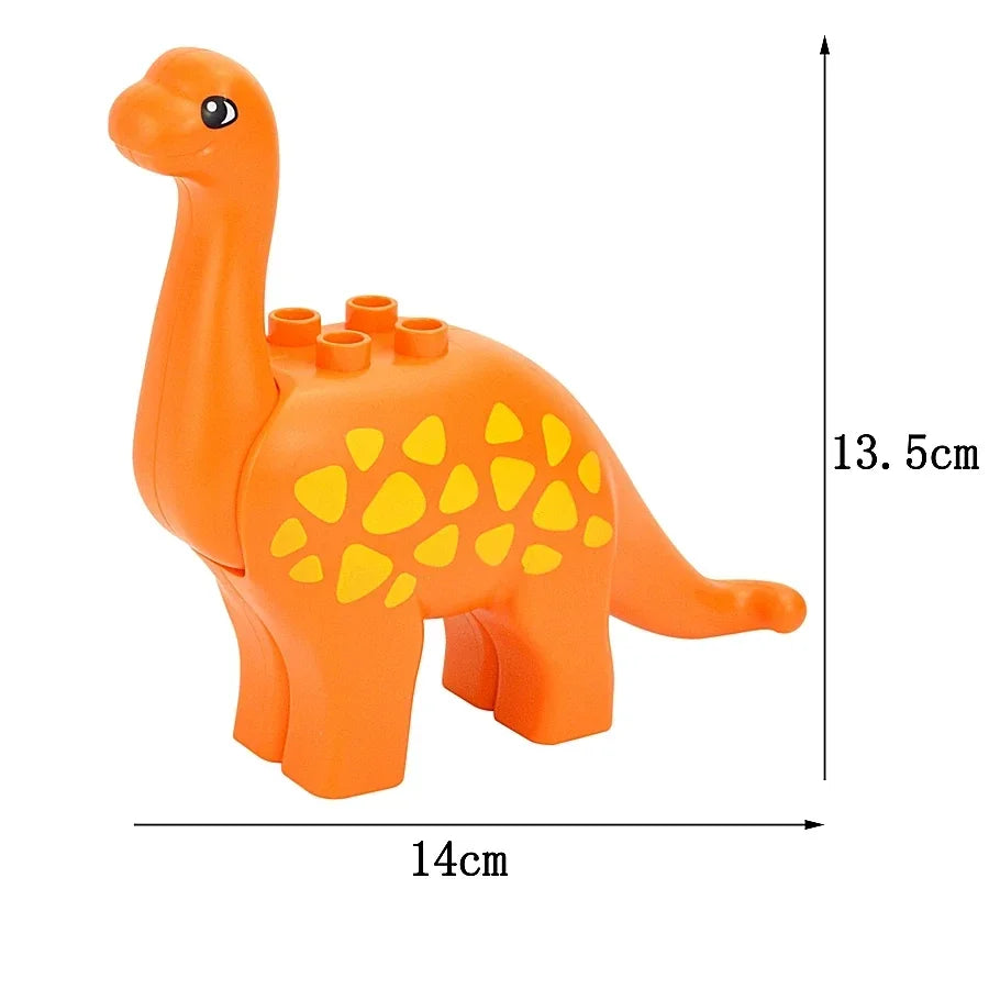 An orange dinosaur-shaped building block toy with yellow spots, shown from the side.