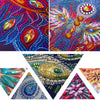 A collection of colorful, sparkly diamond art pieces and beadwork designs featuring bee and floral themes.