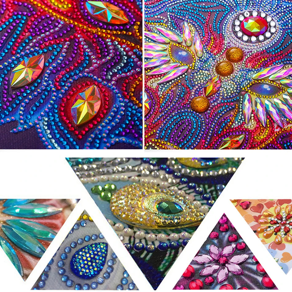 A collection of colorful, sparkly diamond art pieces and beadwork designs featuring bee and floral themes.