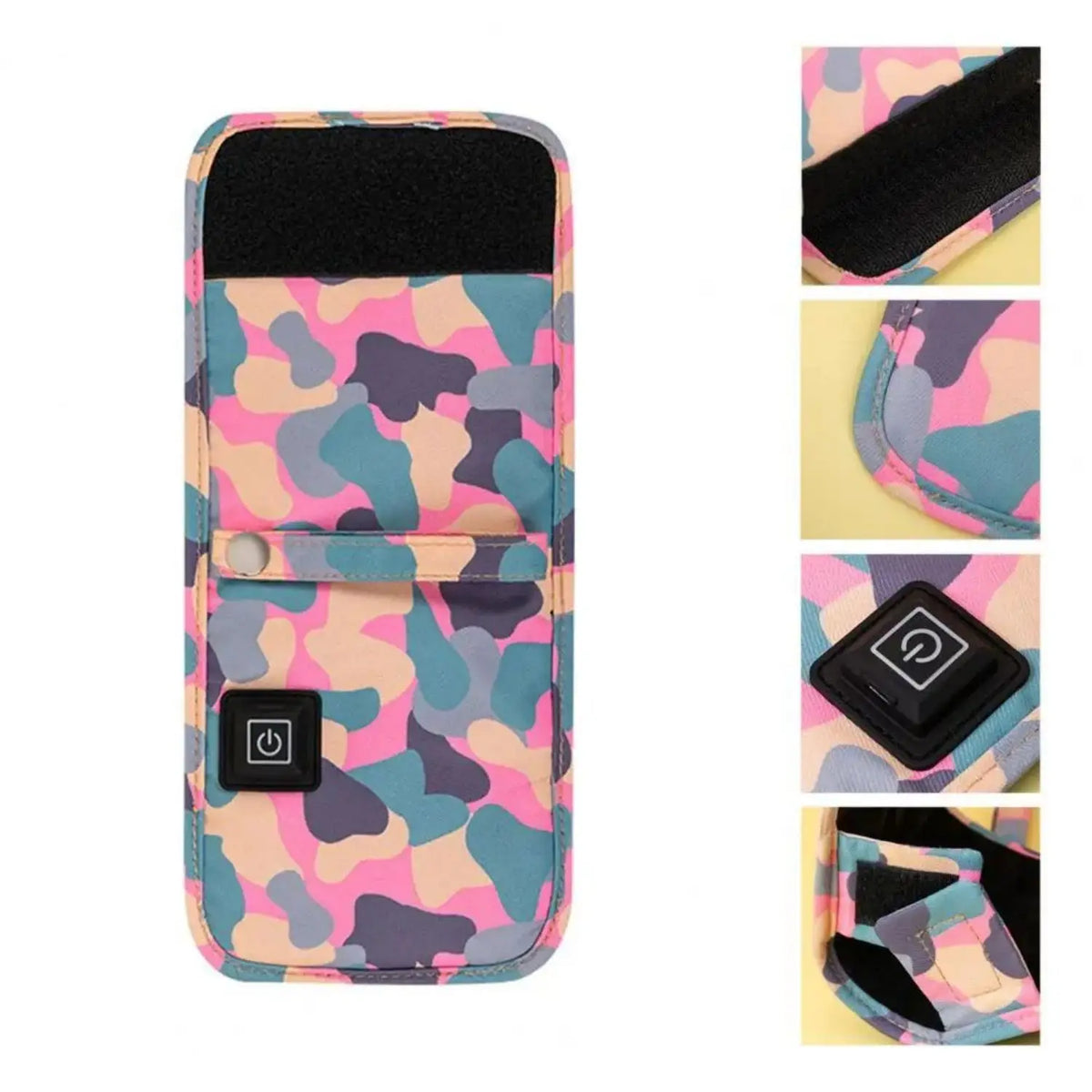A pink and green camouflage silicone bottle warmer with a black travel bag.