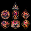 A collection of seven sharp edge resin dice in various shapes and colors, including a pyramid and a dodecahedron.