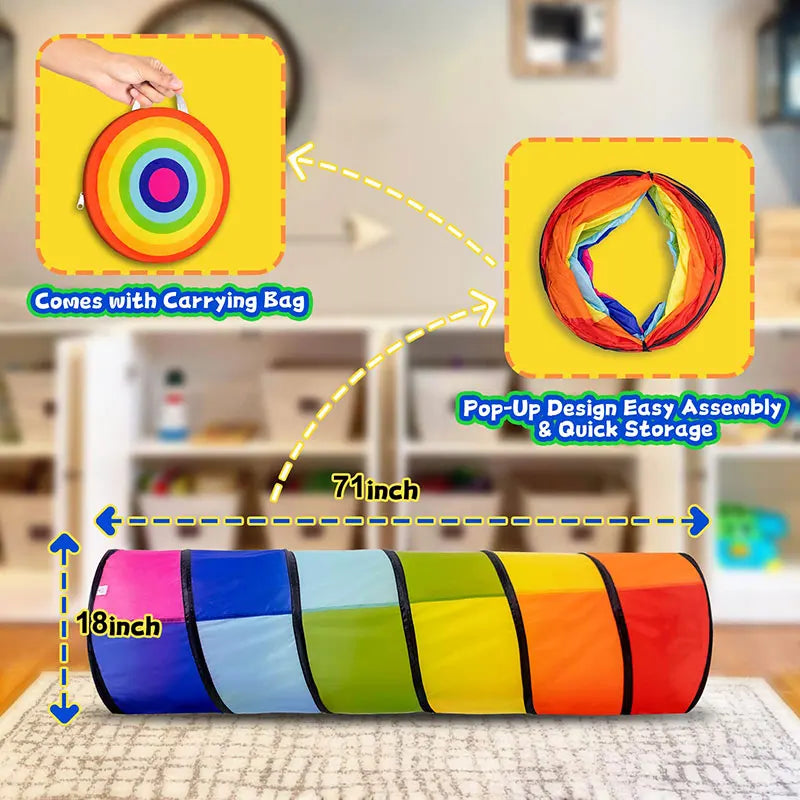 A colorful, segmented balance stone sensory training toy set with a carrying bag and pop-up design for easy assembly.