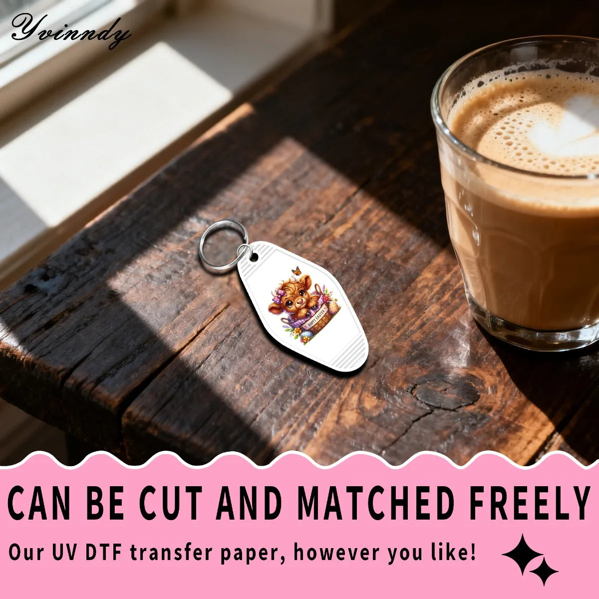 A set of 105 Easter Highland Cattle UV DTF transfer stickers displayed on a wooden surface next to a glass of coffee.